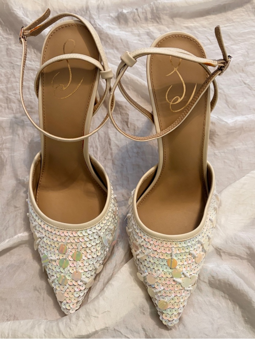 Sam Edelman White iridescent Sequin Pointed-Toe Ankle-Strap Stiletto Heels